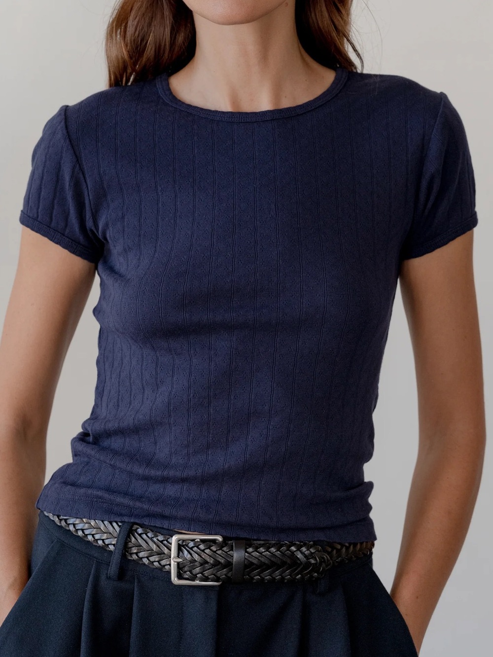DONNI The Pointelle Short Sleeve Crew Neck Baby Tee in Navy Blue Medium